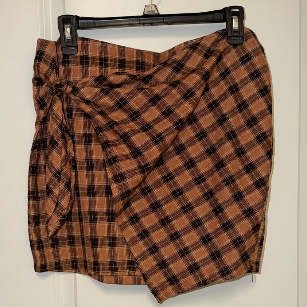 Brown Plaid Wrap Mini Skirt
